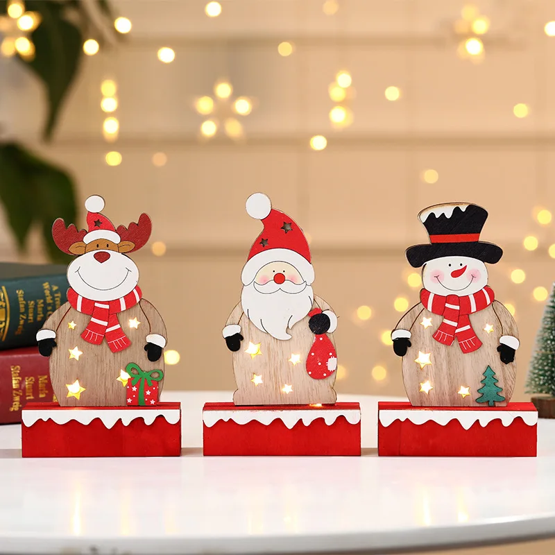Рождественские игрушки, деревянные светящиеся Санта-Клаус, снеговик, лось, электронная игрушка, креативные светящиеся рождественские вечерние украшения для дома, детский подарок