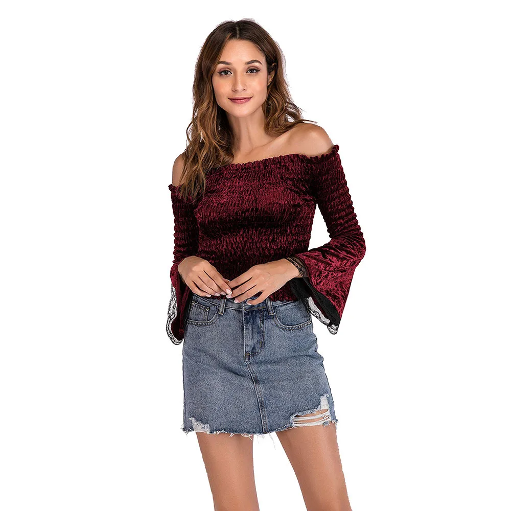 

Autumn New Women Solid Casual Lace Long Sleeve T Shirt Sexy Off Shoulder Pleated Tees Top Female