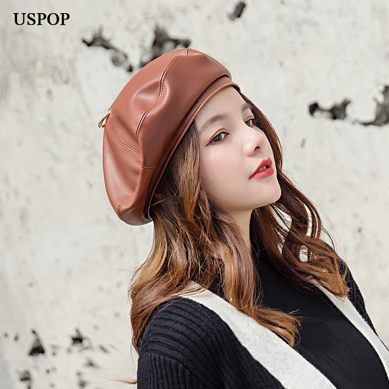 USPOP новые женские береты из мягкой искусственной кожи берет шапка женская мода железные кольца береты зимняя шапка
