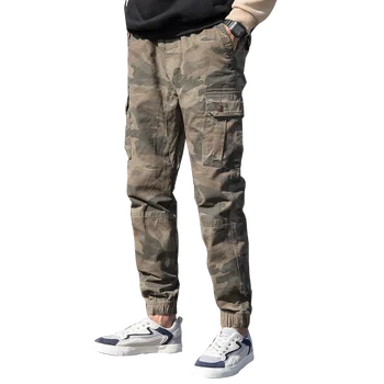 

New mens cargo pants khaki black pants men camouflage trousers slim no stretch Spring elastic waist