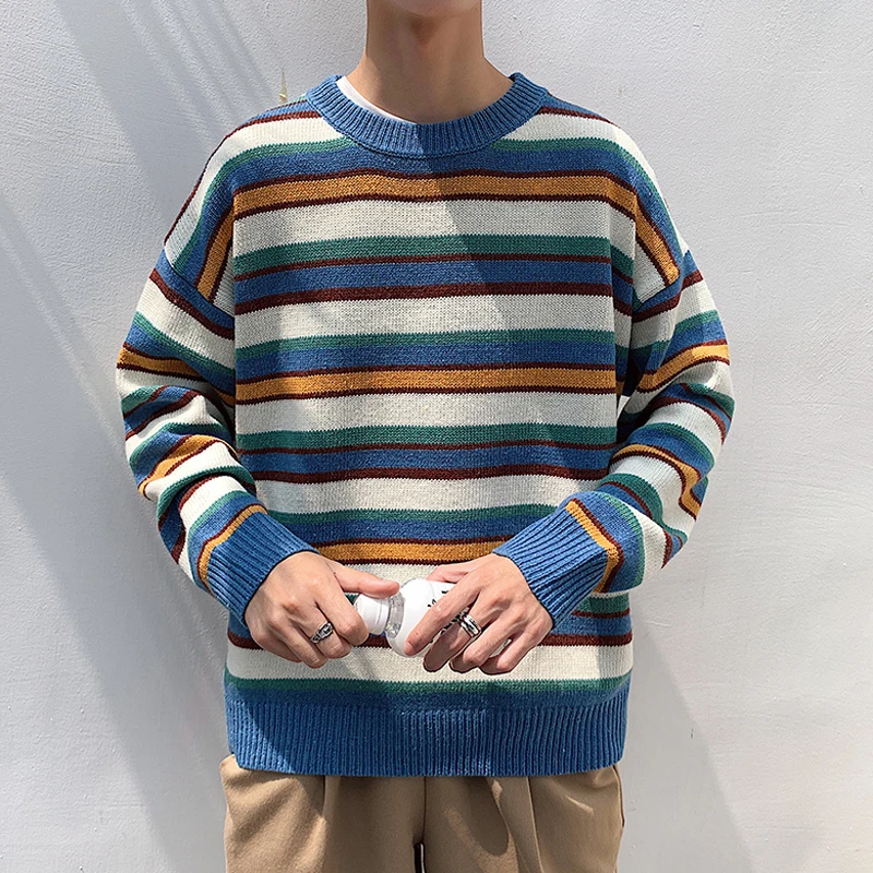 

Winter Striped Sweater Men Warm Fashion Contrast Color Casual Knit Sweaters Man Sweter Clothes Loose Long-sleeved Pullover Men