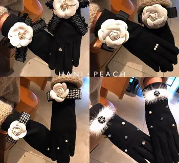

Black temperament lady flower beauty portrait lattice bow cashmere thick gloves