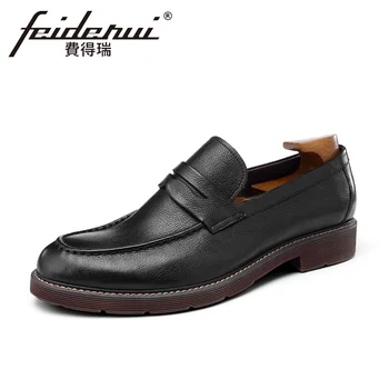 

Basic Designer Genuine Leather Men Comfortable Casual Loafers Round Toe Slip-on Heels Handmade Man Retro Office Shoes HQS309