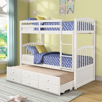 

Twin-Over-Twin Bunk Bed with Twin Size Trundle and 3 Storage Drwers Bedroom Furniture for Kids Adults
