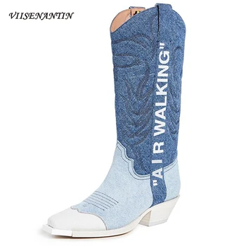 

2020 Western Cowboy Knee Boots Denim Women New Thick Heel Mid-heel High Tube Embroidery Color Matching Knight Boots Letter Decor