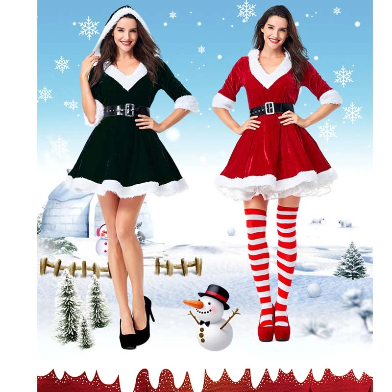 Inner Skirt Santa Hoodie Cosplay Costumes Women Christmas Fancy Party Dress