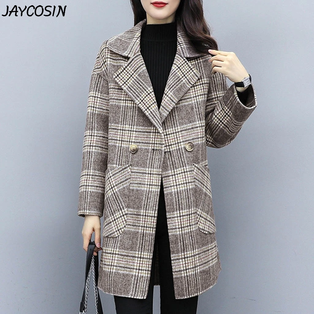 JAYCOSIN, Женское шерстяное пальто в клетку, винтажное корейское пальто, элегантное, с длинным рукавом, на пуговицах, зимняя, для работы, для офиса, модная куртка, верхняя одежда, casaco