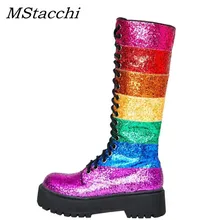 MStacchi/Новая женская обувь на платформе радужного цвета женские ботинки до середины икры на толстой подошве с перекрестной шнуровкой Осенняя блестка украшение женская обувь