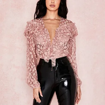 

2020 Winter Women Sexy Bodysuit Autumn Solid Long Sleeve Pink Lace Bodysuit Body For Women