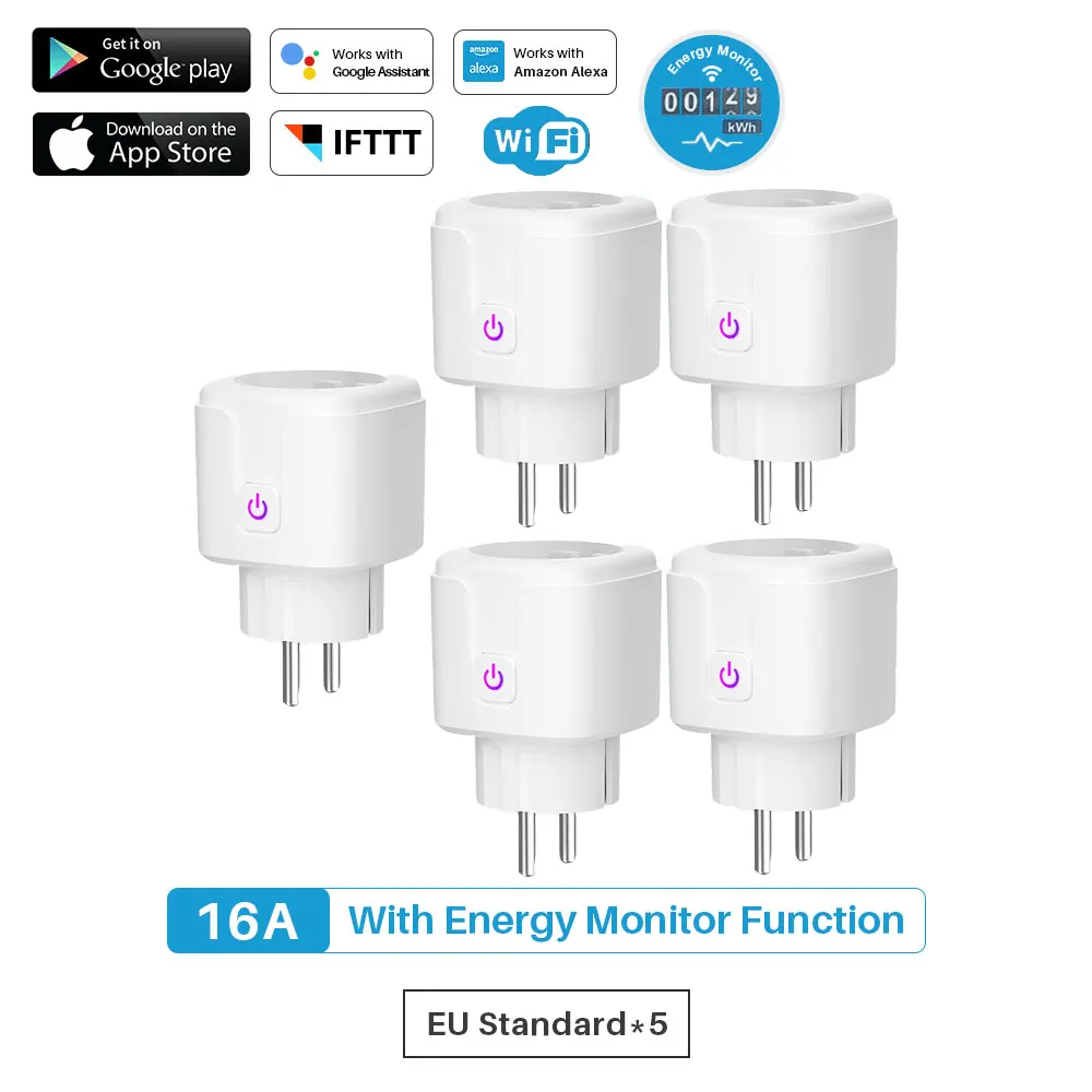 16A WiFi умная розетка с монитором энергии питания стандарт ЕС мульти штепсельная вилка Tuya приложение Управление работает с Alexa Google Assistant - Цвет: EU-5 Pcs