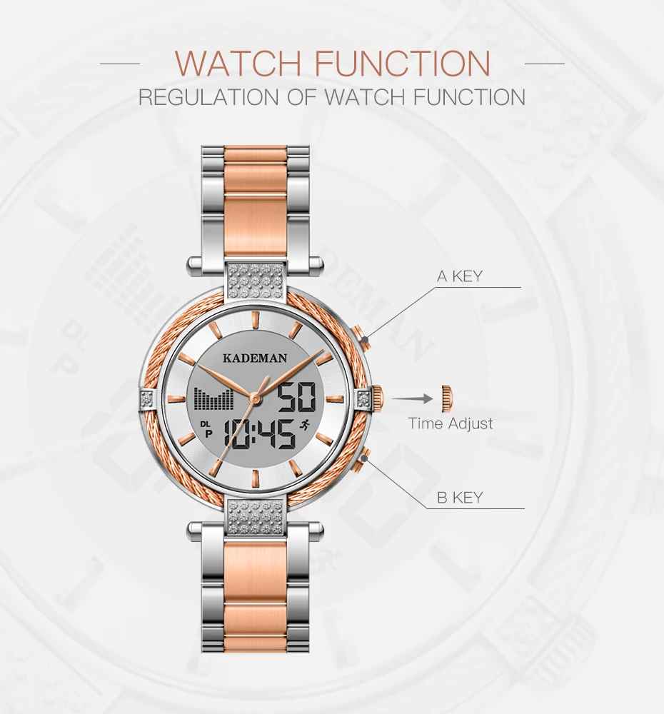 Kademan Relojes Para Mujer модные женские часы цифровой двойной дисплей Кварцевые часы из нержавеющей стали водонепроницаемые наручные часы