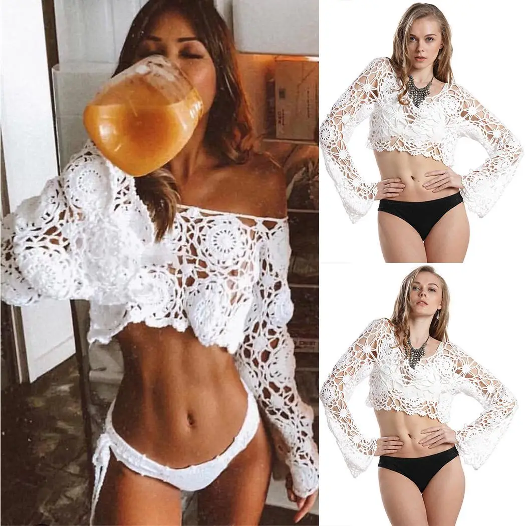 

New Fashion Women Beach Hollow Out Clubwear, O-neck Knitted, Long Sleeve Floral Short None Bikini Cover Up
