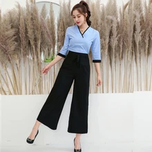 Женские комплекты в китайском стиле с короткими рукавами и v-образным вырезом, для ресторана, косметолога, сауны, спецодежды, для салона, Униформа, спа, массажный костюм