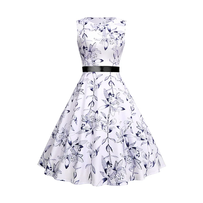 

AliExpress Amazon Cross Border for Europe And America WOMEN'S Dress 2019 New Style 50S Retro Floral Printed Dress Send Ribbon