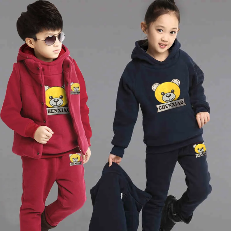 Длинный рукав, куртка+ жилет+ штаны, 3 предмета, детские спортивные комплекты осенне-зимняя одежда для мальчиков и девочек теплая От 3 до 10 лет с медведем
