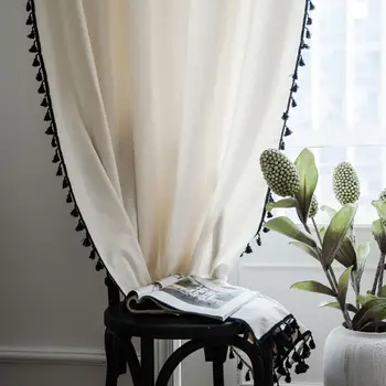 

Modern Korea Solid White Curtains Black Tassel for Living Room Bedroom Windows Cotton Linen Kitchen Ready Curtain