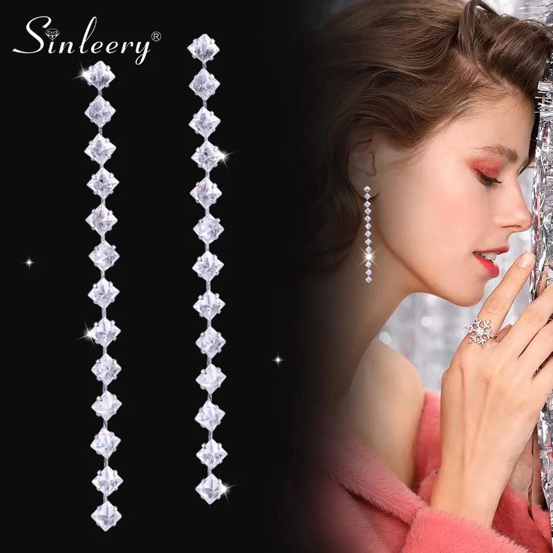 

SINLEERY Square Cubic Zirconia Long Line Earrings Women Silver Color Wedding Earring Fashion Jewelry ES815 SSI
