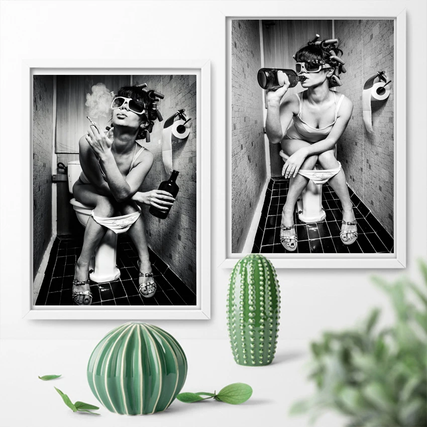 Fashion-Toilet-Sexy-Woman-Canvas-Prints-Modern-Bar-Girl-Smoking-and-Drinking-in-Restroom-Painting-Picture (3)
