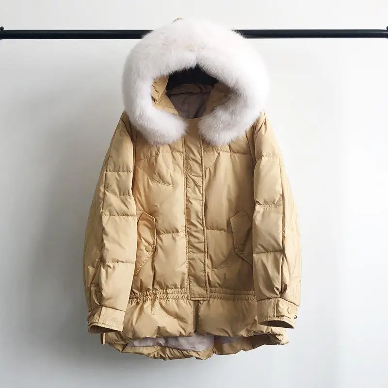 Fitaylor New Winter Large Natural Fox Fur Hooded Jacket Warm 90% White Duck Down Parka Women Loose Thickness Snow Down Outwear - Цвет: Yellow
