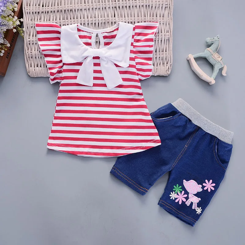 

Baby Girl Clothing 2020 Summer Striped Short Sleeved T-shirts + Denim Shorts 2PCS Outfits Kids Bebes Jogging Suits Tracksuits