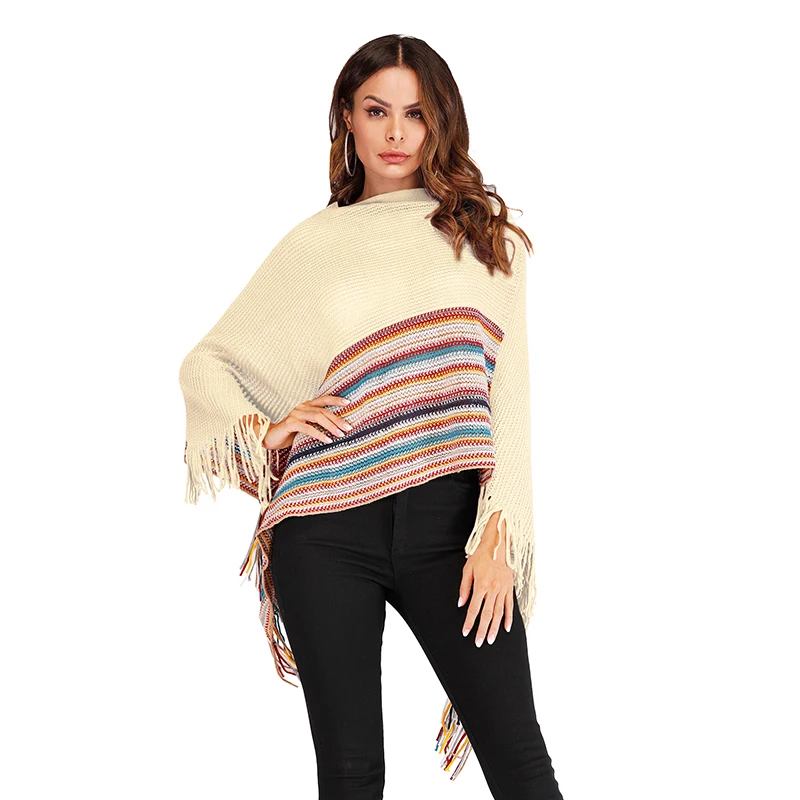 Women Cloaks Sweater Tops Tassel Poncho Cape Shawls Batwing Sleeve Knitted Sweaters Cloak Batwing Outwear Casual Striped Ponchos