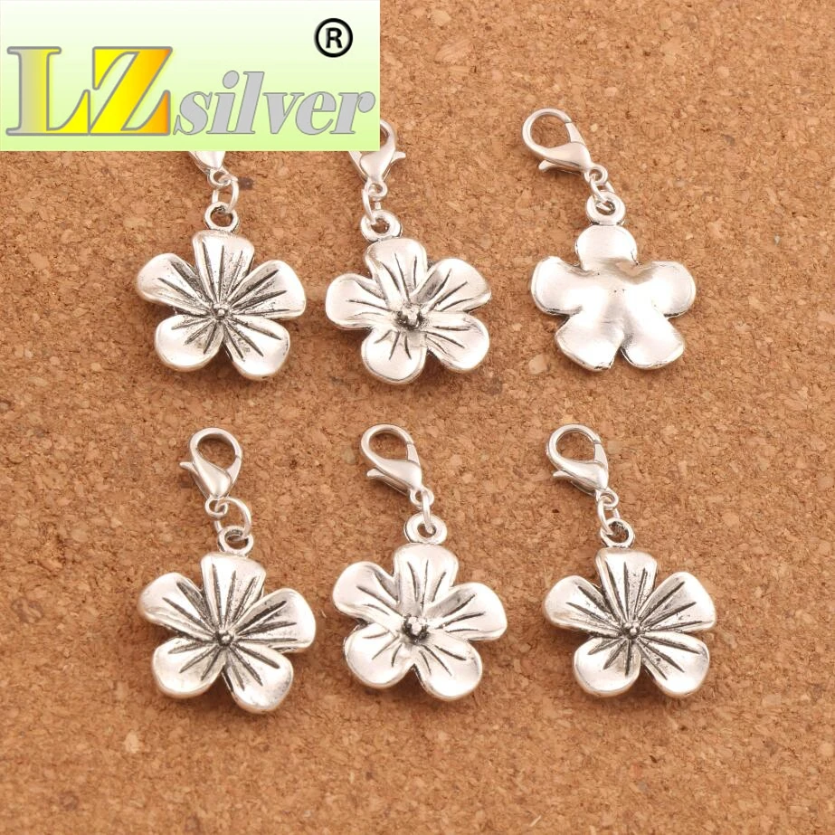 Tropical Plumeria Flower Lobster Claw Clasp Charm Beads 19.5x36.2mm 100pcs Zinc Alloy Jewelry DIY C327
