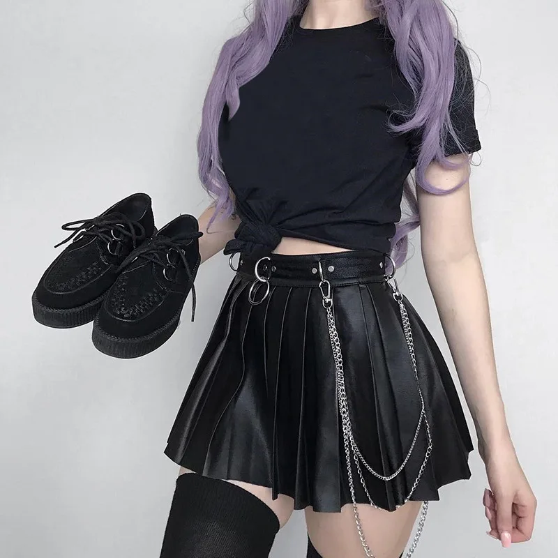 

Grunge Punk Summer Gothic Skirts For Women Streetwear Zippper Rivet Pleated Metal Ring Skirt PU Sexy Hollow Out Casual
