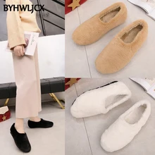Новинка года; женская хлопковая обувь на плоской подошве; Зимняя Повседневная теплая плюшевая обувь белого цвета; Легкая женская домашняя повседневная обувь