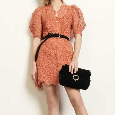 

2020 Spring And Summer New Elegant Ladies' V-neck lantern sleeve Lace Hollow out Dress