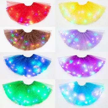 LED 빛나는 조명 여성용 얇은 명주 그물 스타 스커트, 짧은 투투 미니 스커트, 성인 멋진 발레 댄스웨어, 파티 의상, 볼 가운 미니 스커트