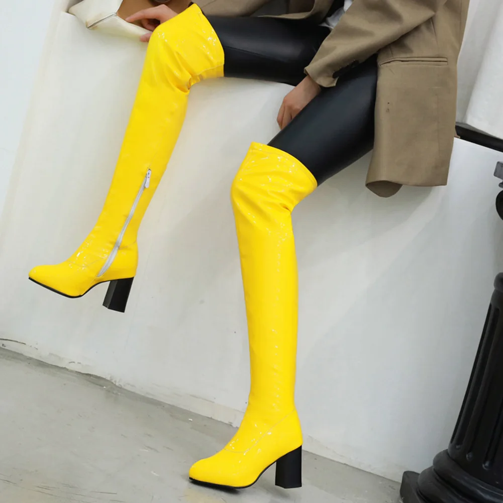 Сапоги выше колена ярких цветов; качественные высокие сапоги из искусственной кожи; женская обувь на квадратном каблуке на молнии; большие размеры 34-48