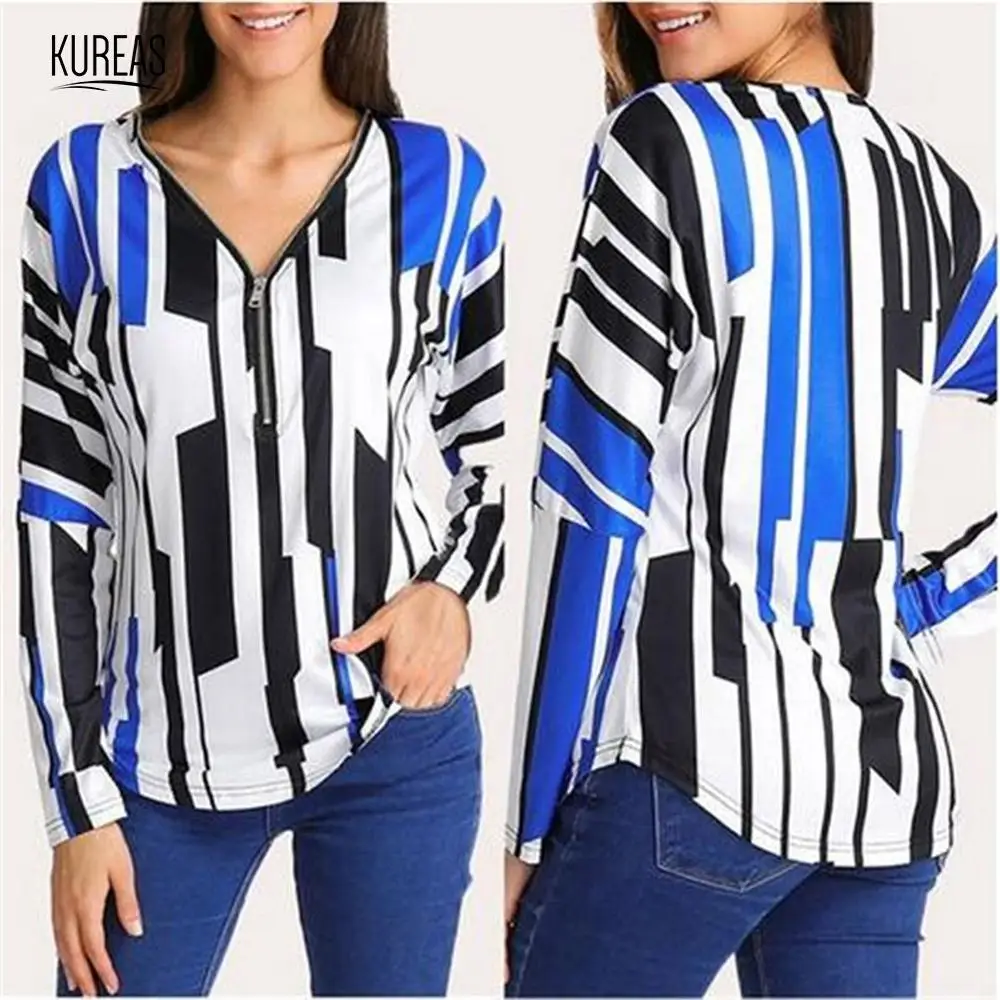 

Kureas Women T Shirt Fashion Striped Long Sleeves Zipper Sexy V Neck Tops Slim Autumn Winter Female Casual Knitted Milk Silk 5XL
