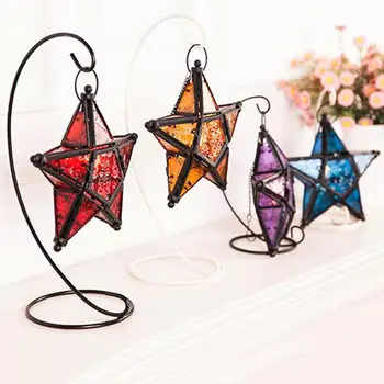 

Colorful Glass Hanging Five-pointed Star Light Holder Candle Lantern Bar Decor Sky Star Light Pentagram Light