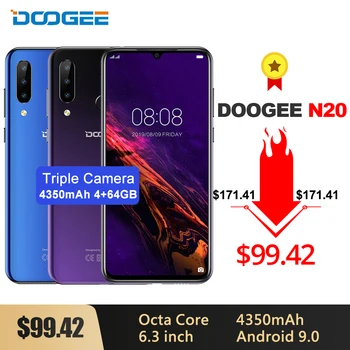 

DOOGEE N20 6.3'' FHD+ Mobile Phone 4GB 64GB Helio P23 MT6763T Octa Core Cellphone 4350mAh 16MP+8MP+8MP Triple Camera 4G Phone