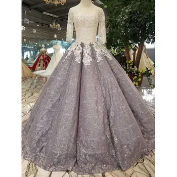 

BGW 22815ht Grey Women Occasion Dress Ball Gown O-neck Long Sleeve Curve Shape Prom Dress Pleat Lace Up Back Dress Brush Train