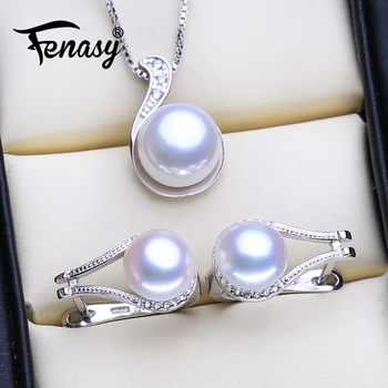 

FENASY 925 Sterling Silver Pendant Necklace Natural Pearl Jewelry Sets For Women Fashion Classic Stud Earrings