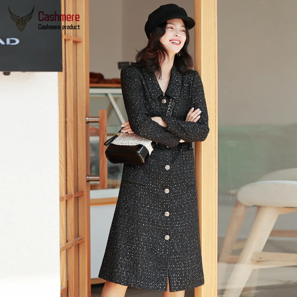 

Retro sequined coat women's jacket plus long section waist lapel temperament coat new thick tweed jacket black red coat female