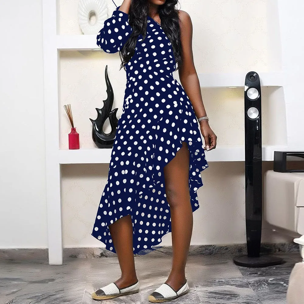 Sexy One Shoulder Asymmetric Ruffles Dress Women Blue Plus Size Party Maxi Long Dresses Vintage Polka Dot Print Vestidos Retro |