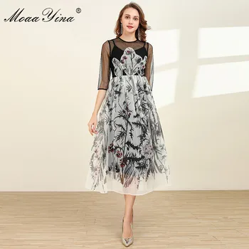 

MoaaYina Fashion Designer dress Spring Summer Women's Dress Half sleeve Mesh Patchwork Floral-Print Dresses