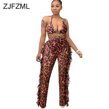 

Leopard Perspective Mesh Sexy 2 Piece Set Summer Clothes for Women Halter Backless Bra Top and Ruffles Long Pants Club Outfits