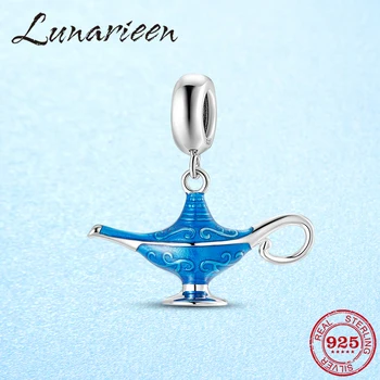 

925 Sterling Silver Blue Enamel Aladdin's lamp Fine Pendant Beads Jewelry making Fit Original European Charm Bracelet DIY