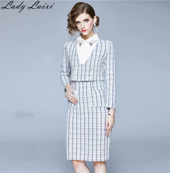 

2019 Autumn Winter Women Two Piece Set Short V-neck Tweed Tops and Beading Patchwork sleeveless tweed Pencil Dress set
