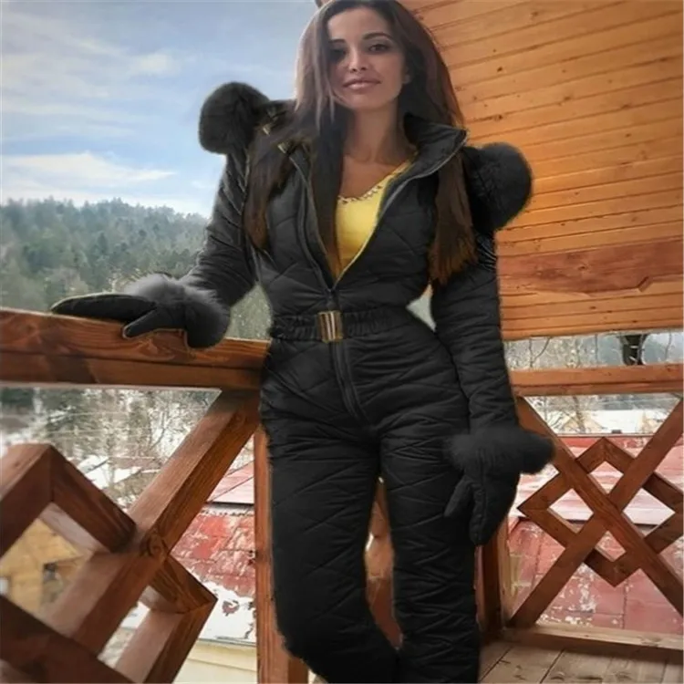 

Winter Hooded Parka Jumpsuits Women Elegant Casual Solid Cotton Padded Warm Straight Jumpsuits Zipper One Piece Women Romper
