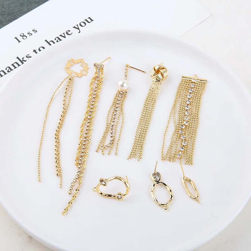 

2pcs Copper plated Vintage Gold Color Long Thread Tassel stud Earrings for Women zircon chain earrings DIY jewelry materials