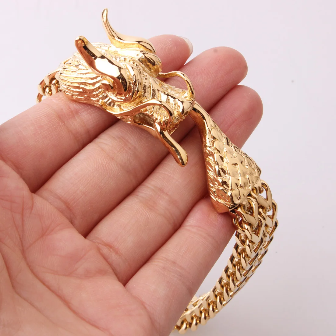 Мужской браслет с головой дракона в стиле панк, браслет Figaro для мужчин, браслет из нержавеющей стали, золотой тон, хип-хоп, мужской ювелирный подарок 23 см