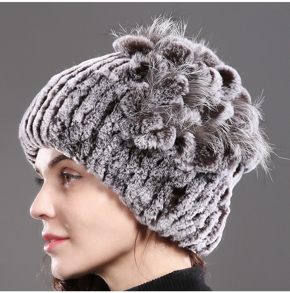 Стиль женский Настоящий мех кролика Skullies шапки Роскошные вязаные цветы натуральная шапка из меха кролика рекс зимние натуральный мех шапочки