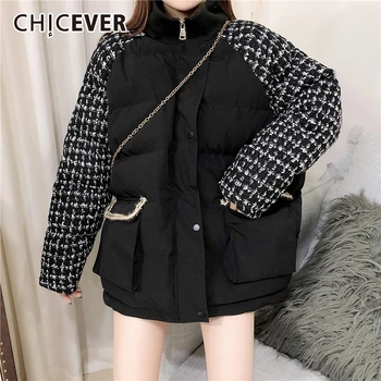 

CHICEVER Patchwork Plaid Hit Color Cotton Coat For Women Stand Collar Long Sleeve Oversize Loose Female Parkas 2020 Fashion New