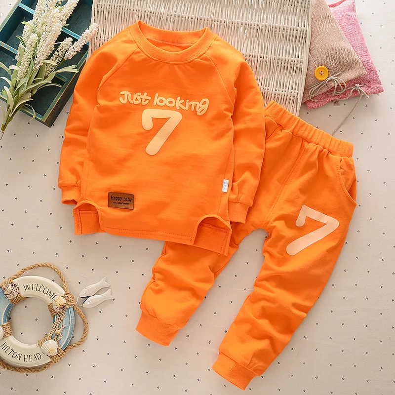 Детская одежда, весна-осень, одежда с длинными рукавами и круглым вырезом для мальчиков и девочек, комплекты из футболки и штанов для детей 2-6 лет - Цвет: E11-orange