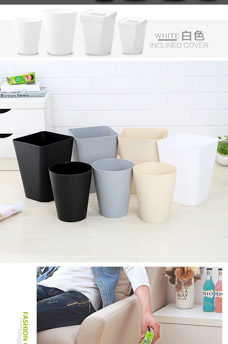 Simple without Cover Circle Garbage Can Household Kitchen Bathroom Living Room-Style Creative Plastic Large Size White Trash Can
