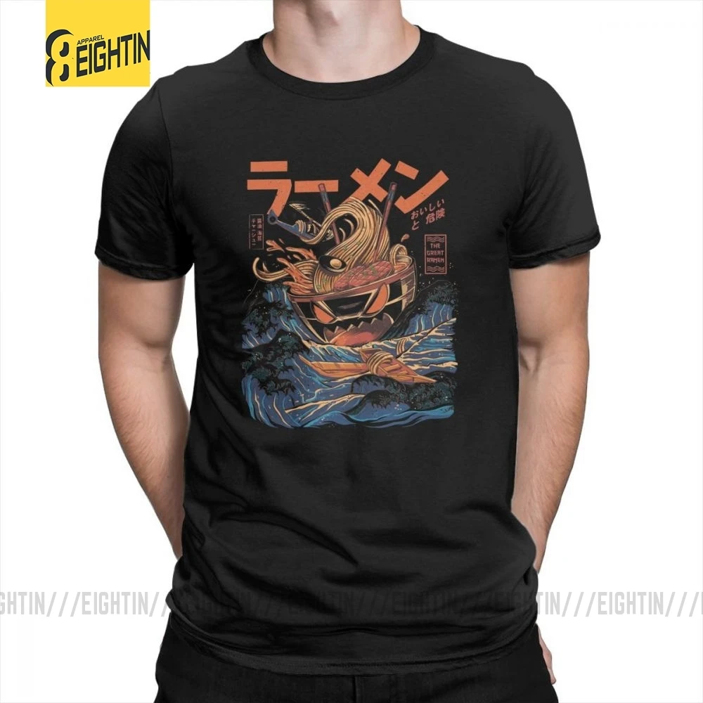 Мужские футболки в японском стиле Харадзюку с круглым вырезом и надписью "Great Ramen Off Kanagawa Noodle" из чистого хлопка, футболки с короткими рукавами, большие размеры - Цвет: Черный
